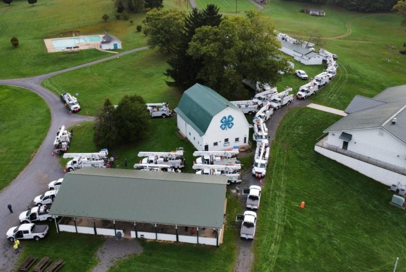Aerial shot of the 4-H center with dozens of utility trucks