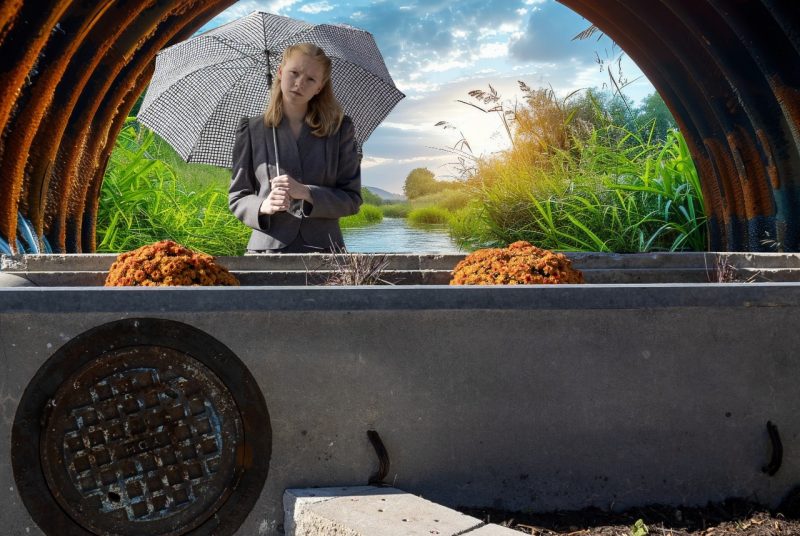 Eurydice A woman holding an umbrella standing in front of a tranquil stream gently flowing through a metal culvert amidst lush greenery