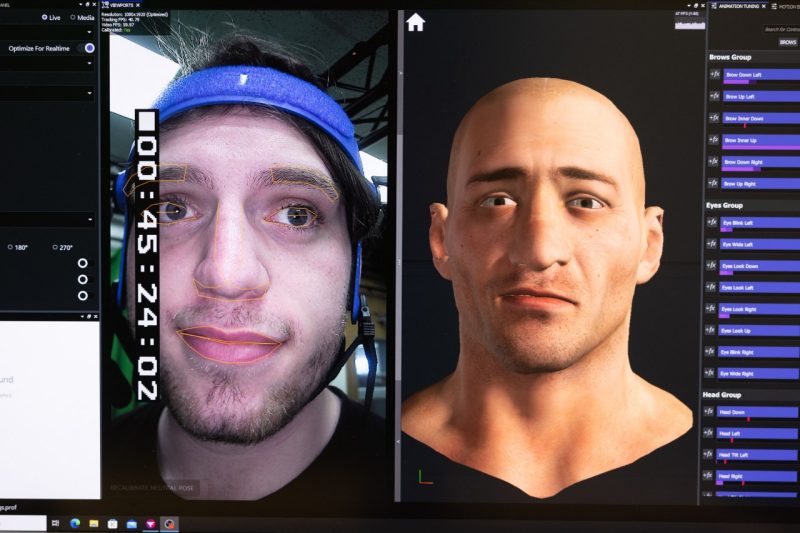 Conner Cosimano is on the left hand side of the screen with a face tracking headset on. On the right side of the screen is his avatar with the same facial expression as Cosimano.