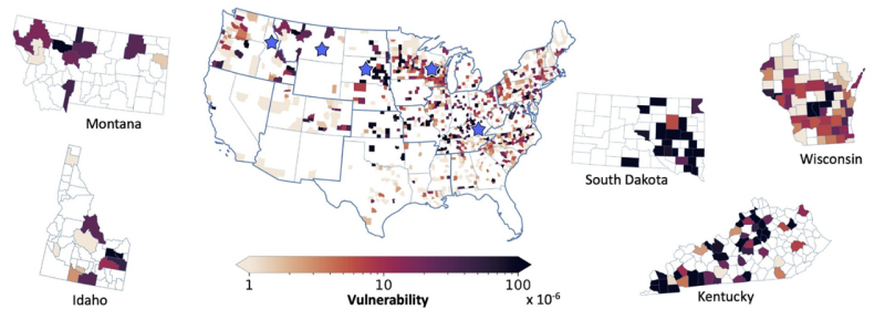 The counties with non-zero planted hemp acreage as of 2023 are shown with darker shades showing greater vulnerability. The five states with the most vulnerable land area are shown with stars. Figure courtesy of Nimmala, Ross and Foroutan. 