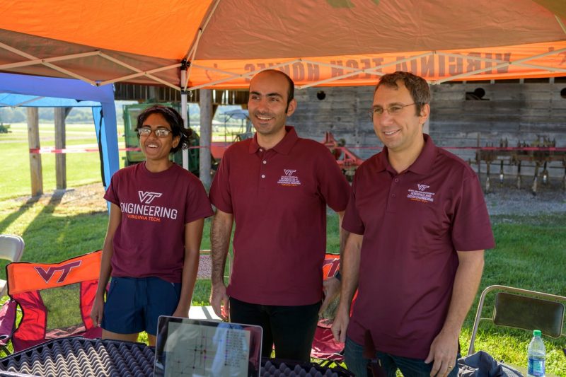 (From left) The three authors of the paper, Ph.D. candidate Manu Nimmala, associate professor Hosein Foroutan, and professor Shane Ross, participated in Virginia Tech’s Industrial Hemp Field Day in August 2019 at the beginning of the research project. 