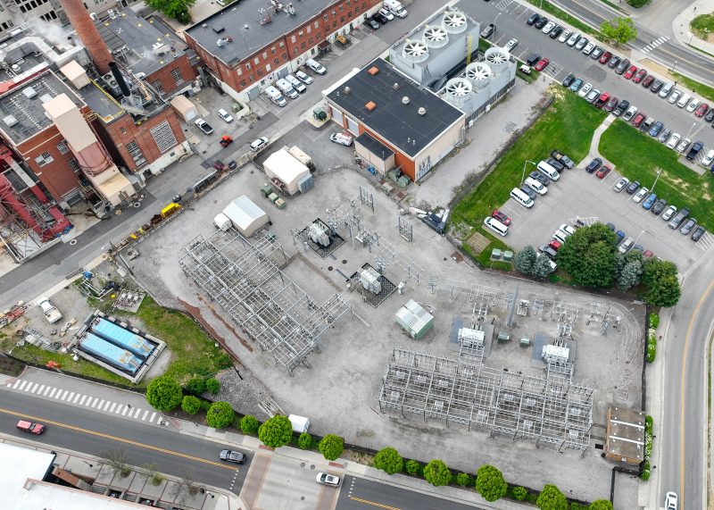 A bird's-eye view of the Blacksburg Substation, Virginia Tech Power Plant, and North Chiller Plant.