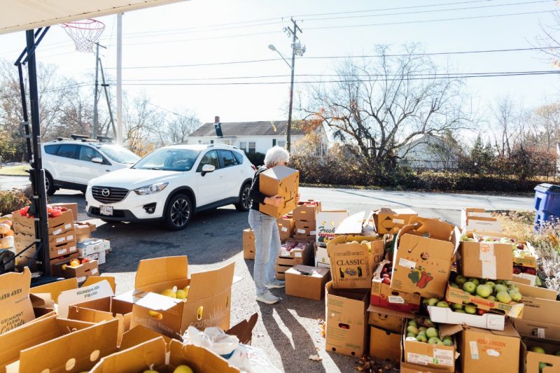 Marilyn Galbraith, holding a cardboard box and looking away from the camera, stands among stacks of boxes filled with fresh produce, including apples and vegetables in their driveway. Two white cars are parked in the background.