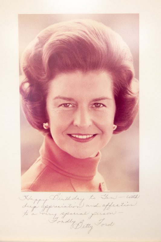 A headshot photograph of Betty Ford on which she wished Genevieve Herrell a happy birthday.