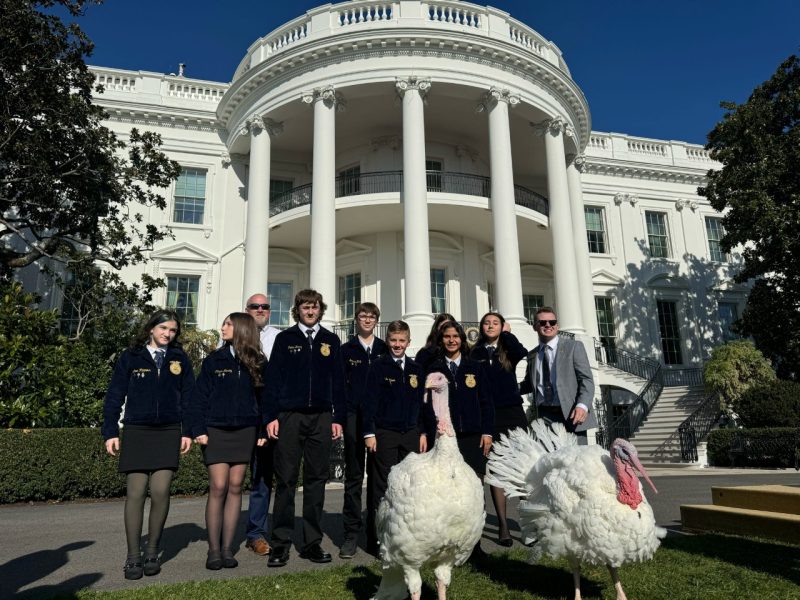 A group of FFA students standing in front of the White House with two turkeys.