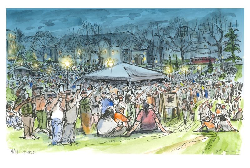 Eclipse Viewing on the Drillfield Ink and digital and watercolor sketch of the Virginia Tech community viewing the eclipse on the Drillfield