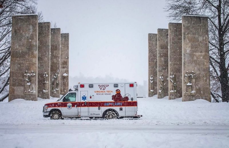 Virginia Tech Rescue Squad ambulance parked in front of the Pylons on a snow day. Virginia Tech Rescue Squad ambulance parked in front of the Pylons on a snow day.