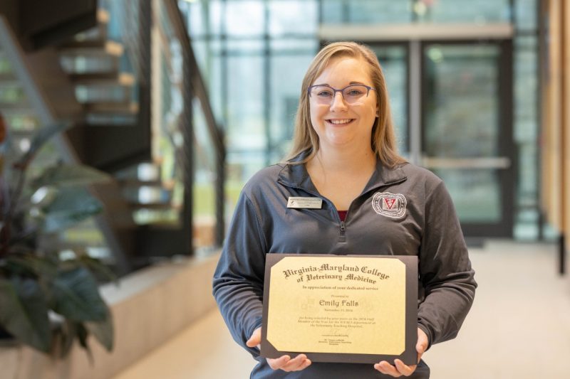 Emily Falls, Staff Member of the Year 2024 Emily Falls holding her Staff Member of the Year award in the Virginia-Maryland College of Veterinary Medicine