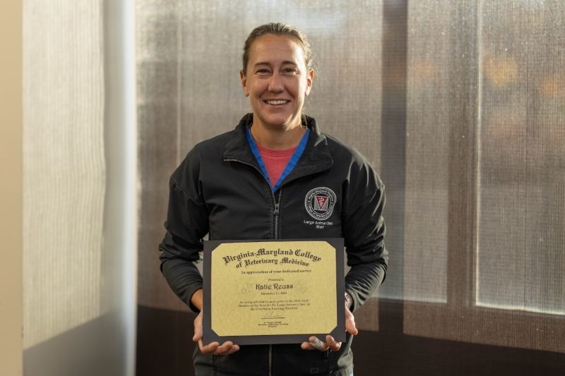 Katie Reuss, Staff Member of the Year for 2024 Katie Reuss, Large Animal Veterinary Technician, presented with their Staff Member of the Year 2024 award from the Veterinary Teaching Hospital at the Virginia-Maryland College of Veterinary Medicine.