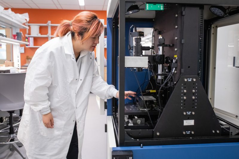 Researcher examines machine.