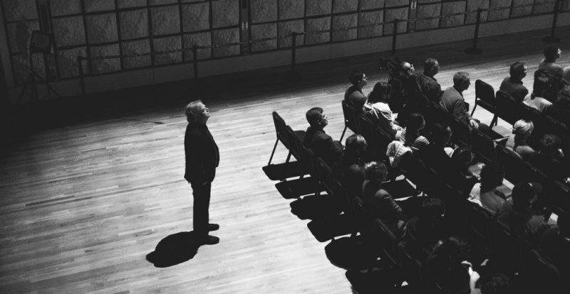 Knapp watches Virginia Tech faculty perform "ICAT at CIRMMT" in the Multimedia Room at McGill University in Montreal in October 2024. Photo courtesy of Super Club Video.