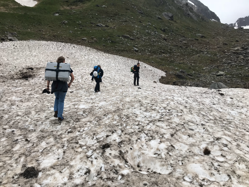 Jamie Benson ‘19, Regina Hanlon and Philipp Baloh trek across melting snow to reach a remote sampling site in the Ötztal Alps in Tyrol, Austria. Photo courtesy of David Schmale.