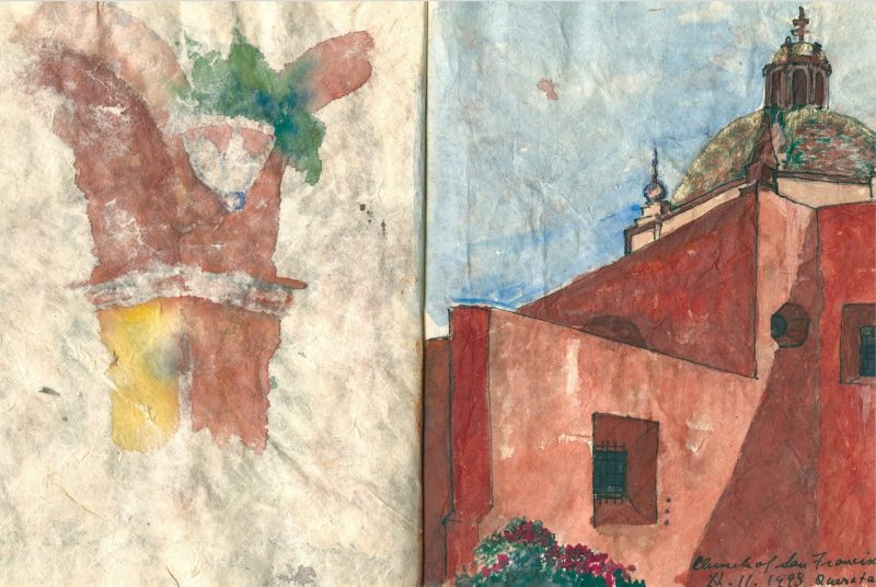 Sigrid Rupp Sketch Watercolor drawing from a two-page spread of a notebook depicting an exterior coroner and arch of a stone building.