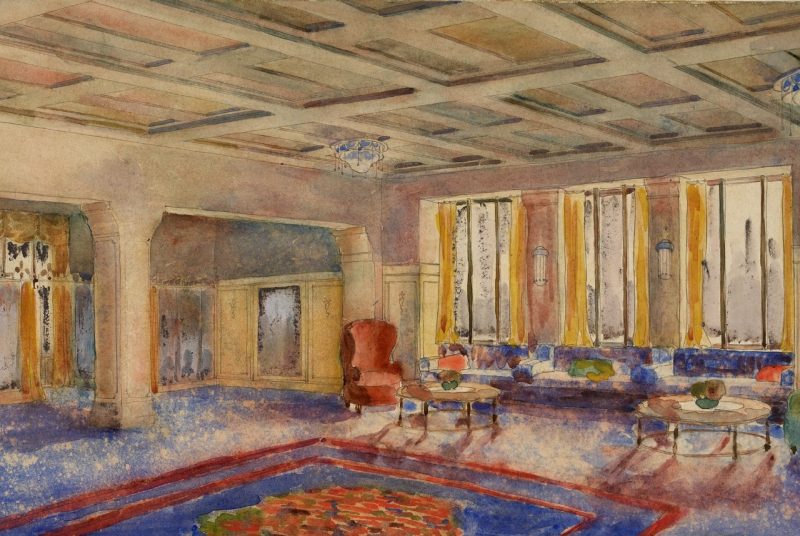 Lilia Skala Watercolor Interior A watercolor painting of the interior of a room featuring a large rug in the middle and a sofa, chairs, and two round coffee tables along the left side of the room, in front of three vertical windows.