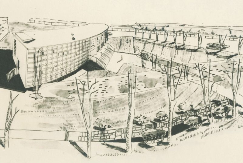 Rosaria Piomelli Perspective Drawing Perspective drawing of a curved, eight-story building in the upper left corner, with sidewalks, a low stone wall, trees, and scrubs around the front of the building.