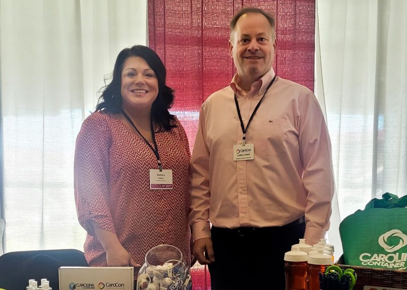 Carolina Container Mallory Pullen (left) and Chris Loker represented Carolina Container at HokiePack.