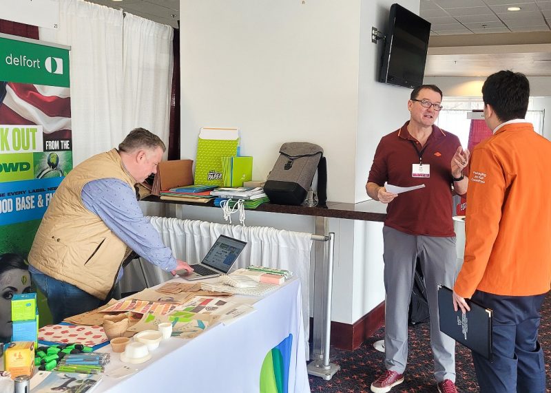 Delfort Delfort was represented by Lee Culler (left) and CEO Joe Kelper at HokiePack, here talking to a student about opportunities with the company.