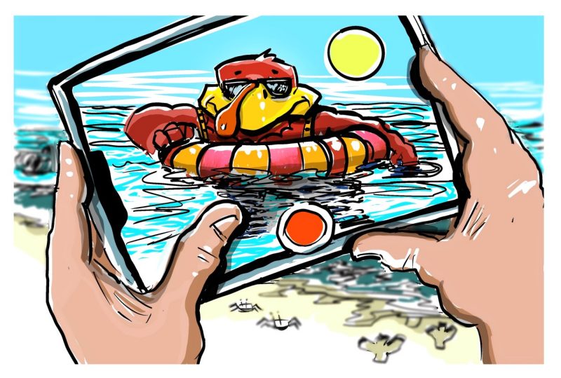 Have a Happy (and Safe) Spring Break, Hokies! Digital sketch of the HokieBird in a round float at the beach