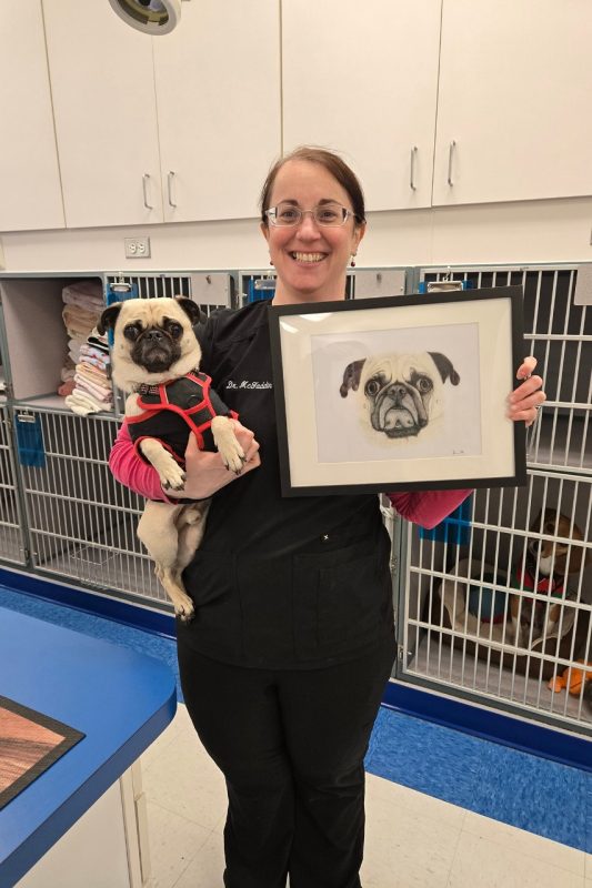 Lisa McFaddin Lisa McFaddin (at center) holding her pug Murdock and a drawn portrait of Murdock.