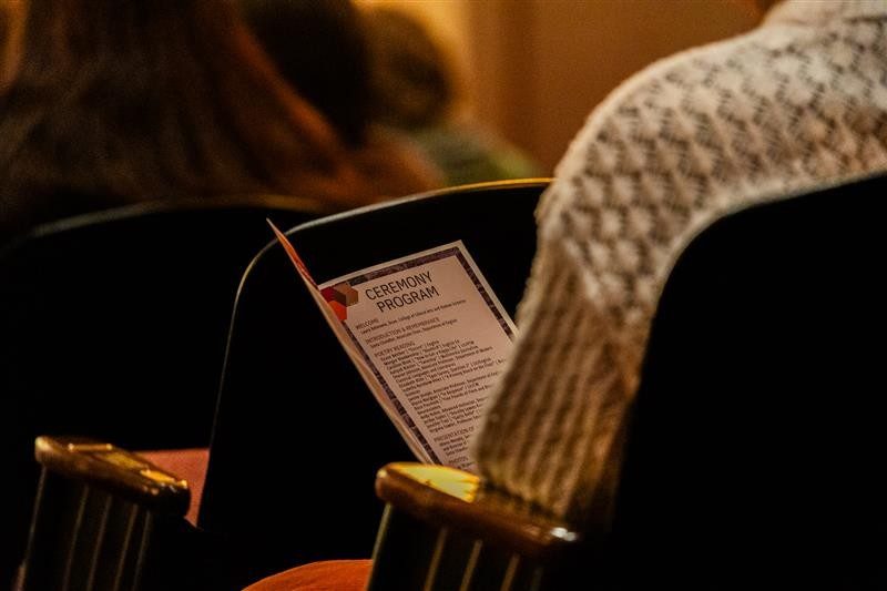A person, seated in a chair inside of a theatre, looks at a program.