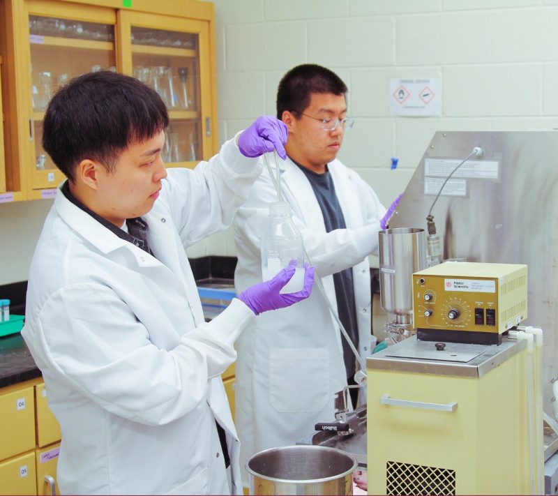 Students use a homogenizer Sustainable Biomaterlals students Kihyeon Ahn (left) and Chenxi Cao use a homogenizer to collect cellulose nanofiber.