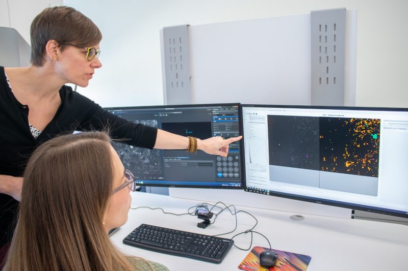 Two researchers looking at a screen.