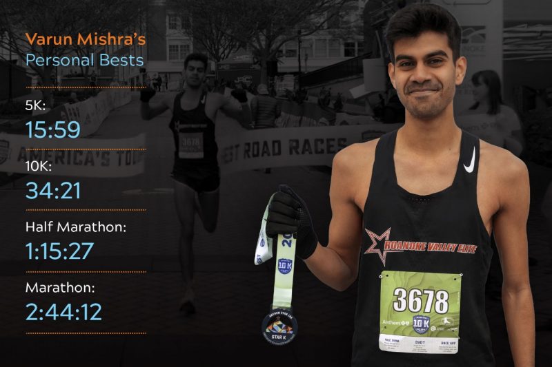 A graphic showing Varun Mishra's personal best running times at various distances.