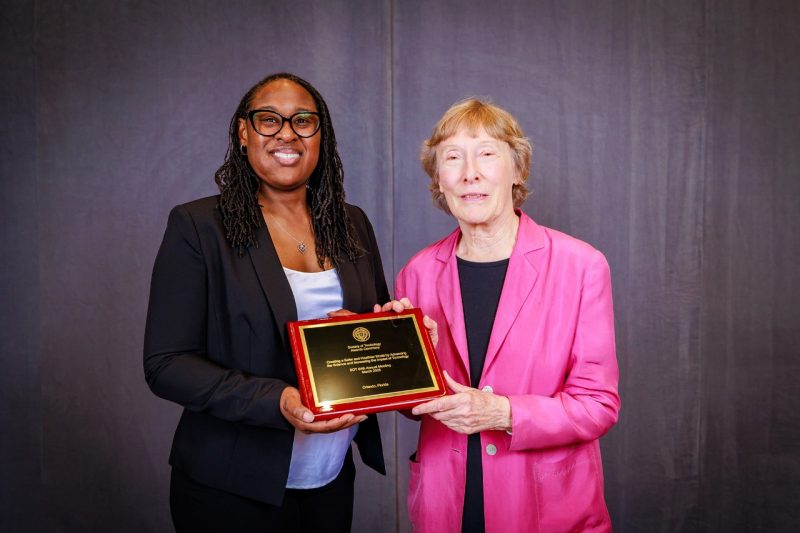 Ehrich Award (From left) Jessica Rayner, an officer of the Society of Toxicology, and Marion Ehrich with her Society of Toxicology Founders Award for Outstanding Leadership in Toxicology.