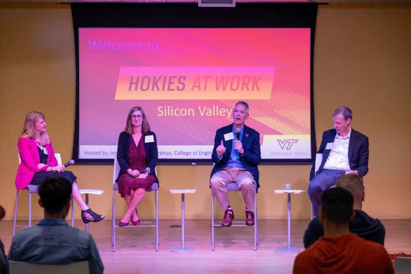 Brandy Salmon (far left) and three other panelists at a 2024 Hokies at Work event Innovation and Partnerships arranged in Palo Alto, California. 