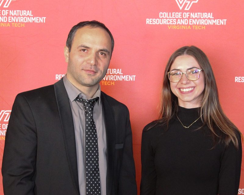 Doctoral students Abasali Masoumi (left) was named the Outstanding Doctoral Student award for CNRE, He works in the Departmeent of Sustainable Biomaterials. Departmental winners were Sami Thomas (right) and Sarah Juster (not pictured).