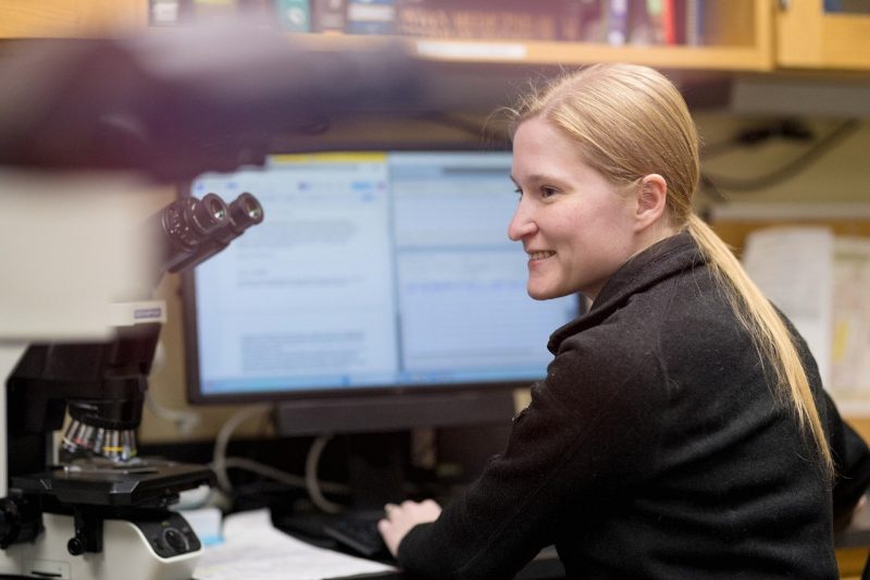 Faculty Awards Natalia Strandberg in a lab at the Veterinary Teaching Hospital