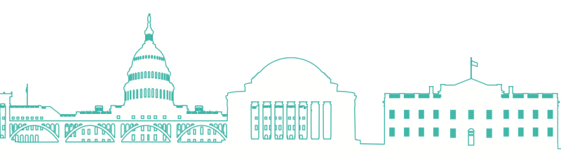 An outline of the D.C. skyline in teal