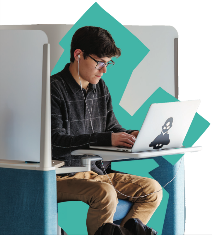 A student in a study space in the newly opened academic building. Photo courtesy of Craig Newcomb for Virginia Tech.