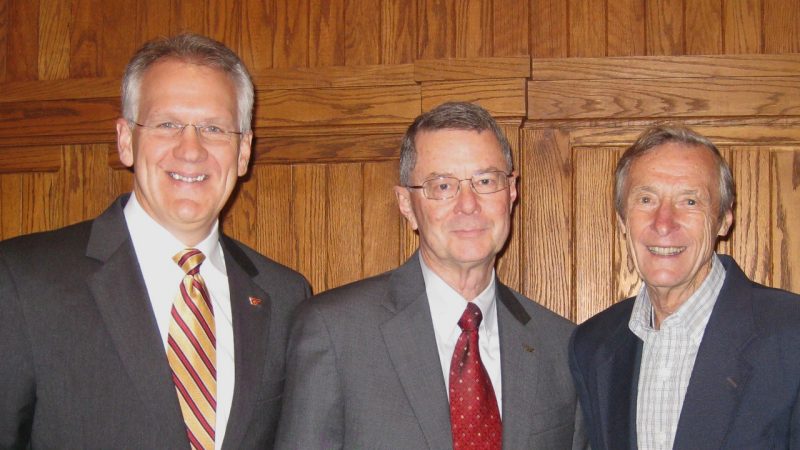 CNRE Three Deans At left, Paul Winistorfer, Mike Kelly, and Paul Winistorfer (at left), current Dean of the College of Natural Resources and Environment, joined John Hosner (at right), honorary founding dean of the college, to celebrate the retirement of Dean Mike Kelly in 2009.John Hosner