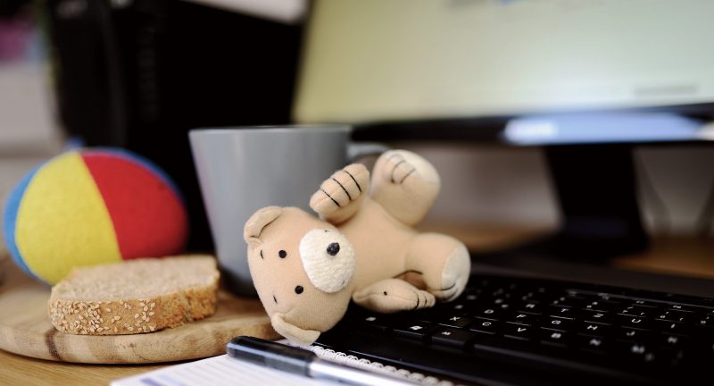 photo of teddy bear on a keyboard