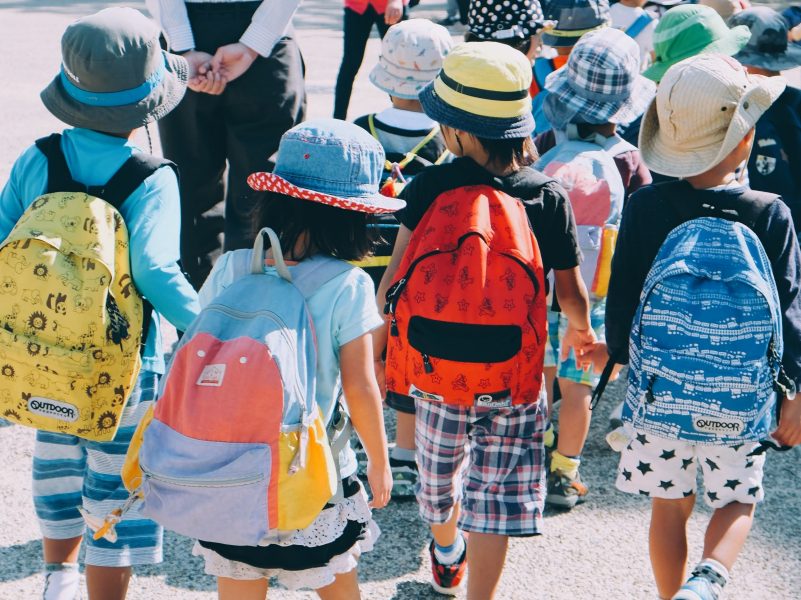 Photo showing the back of a group ofsmall  children with colorful backpacks