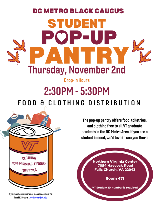 D.C. metro Black Caucus Student Pop-Up Pantry flyer advertising drop-in hours on Thursday, November 2 from 2:30-5:30 at NVC rm 471.