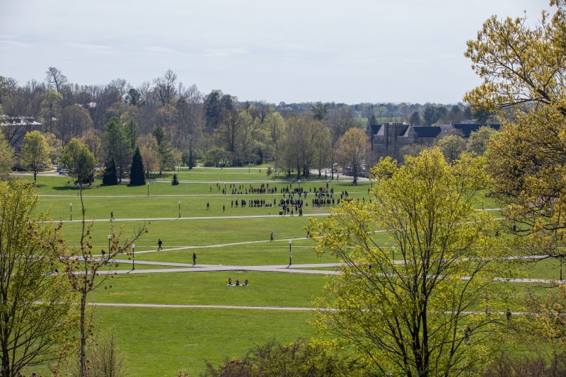 Virginia Tech's Drillfield on a sunny spring day surrounded by budding trees. Many people are gathered throughout it. 