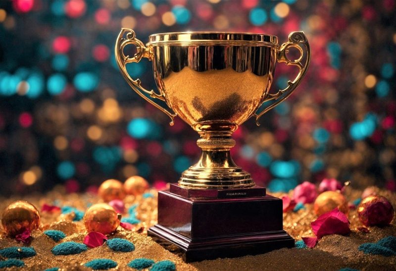 Photo of a gold trophy and colored confetting falling in the background