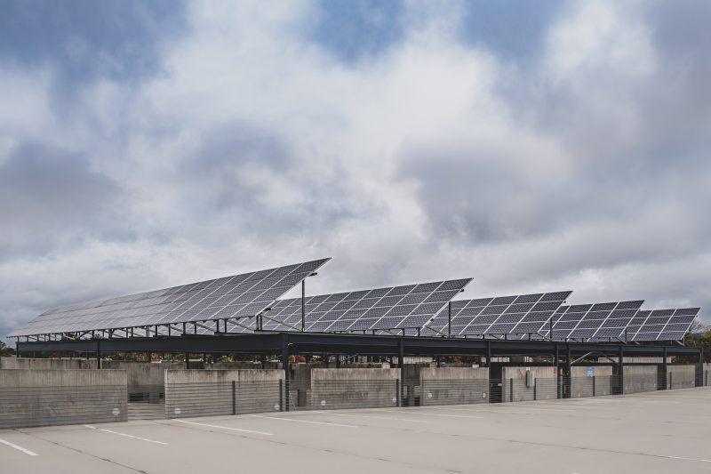 Solar panels positioned at the top the Perry Street Parking Garage