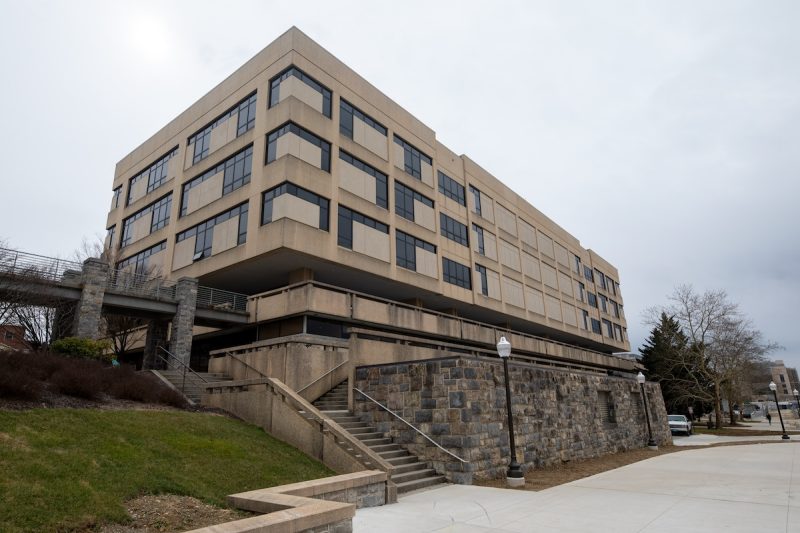 Whittemore Hall under cloudy grey skies. 