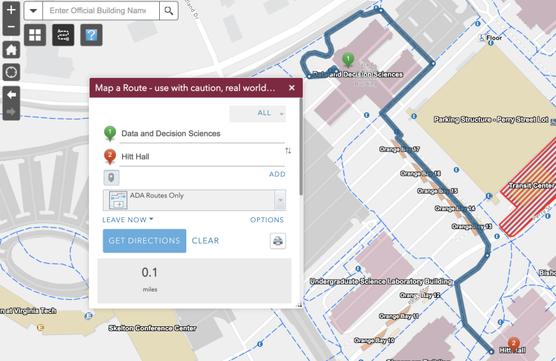 The Interactive Campus Map shows an accessible route between Data and Decision Sciences and HItt Hall
