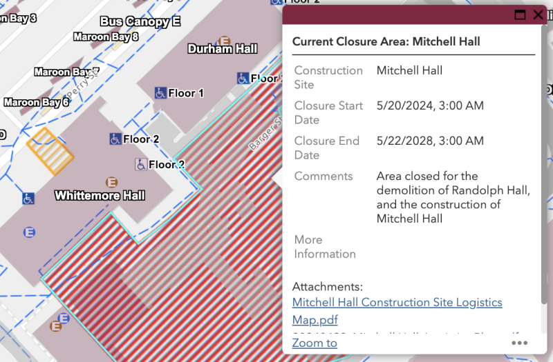 The Interactive Campus Map shows a construction closure at the site of Mitchell Hall