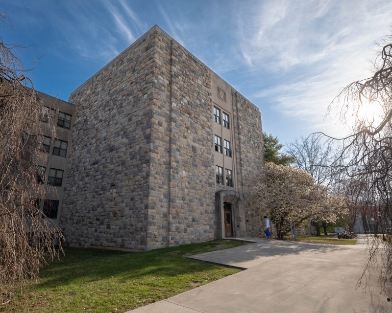 A person walks toward the entrance of large, multi-story Hokie Stone Pritchard Hall. Flowering trees in bloom and leafless branches frame the scene under a blue sky with soft sunlight shining from the right.