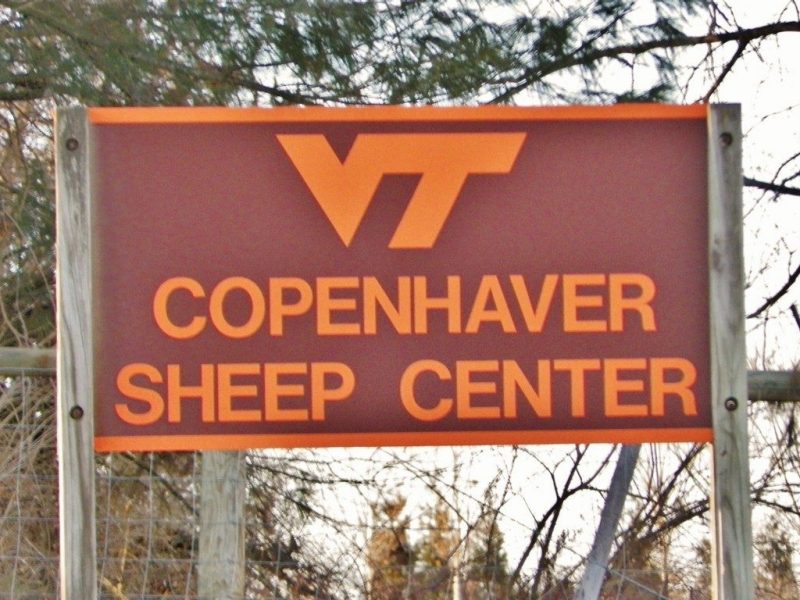 A maroon wood sign with orange letters reading "VT: Copenhaver Sheep Center."