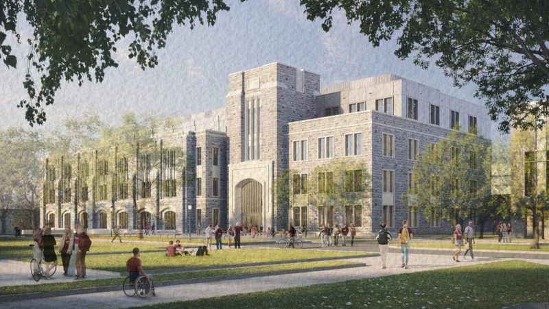 Rendering of grey Hokie Stone and glass Mitchell Hall surrounded by people and many trees