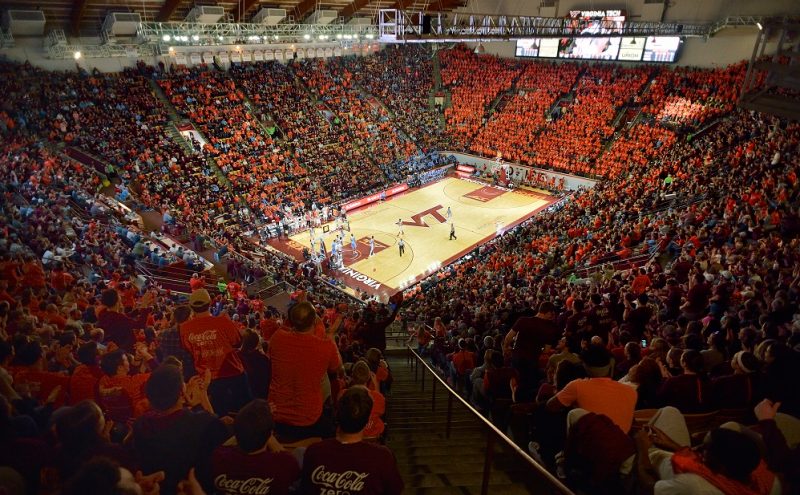 People packed into the stands of Cassell Coliseum during a basketball game