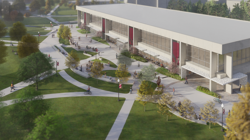 Rendering of the Quillen Family Spirit Plaza featuring many pathways, trees, and a large Hokie Bird statue