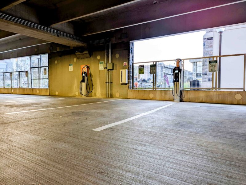 2 EV Charging stations shown in the Perry Street Parking Garage